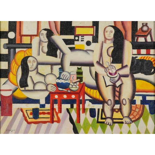 61 - Manner of Fernand Leger - Surreal composition, three females in an interior, French school oil on bo... 