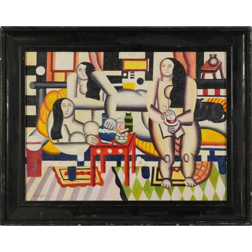 61 - Manner of Fernand Leger - Surreal composition, three females in an interior, French school oil on bo... 