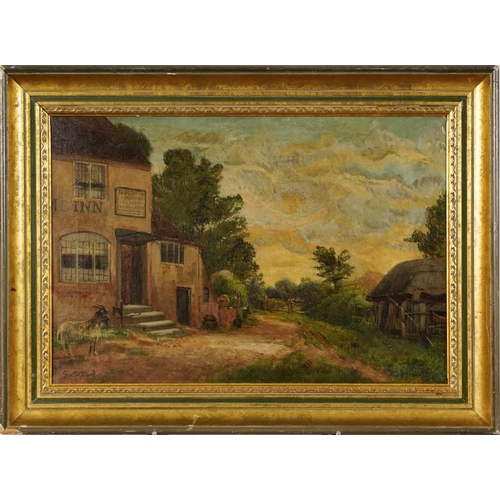 284 - After George Morland - Rural landscape with inn and thatched cottage, oil on canvas, mounted and fra... 