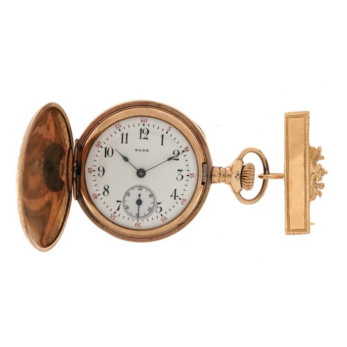 3939 - Rode, Art Nouveau ladies gold plated full hunter fob watch with brooch fastening, 35.6mm in diameter