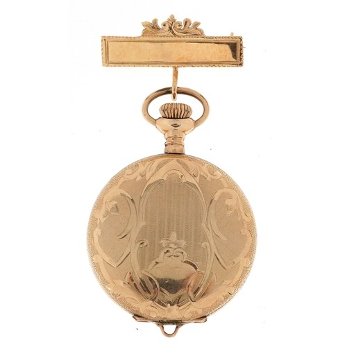 3939 - Rode, Art Nouveau ladies gold plated full hunter fob watch with brooch fastening, 35.6mm in diameter