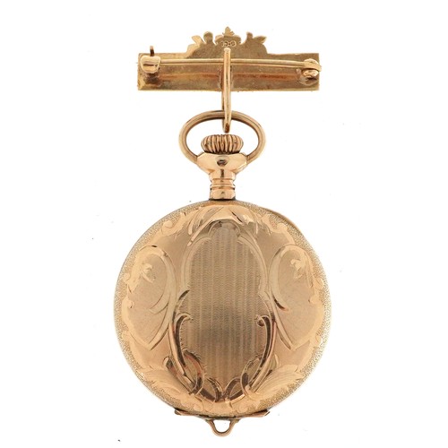 3939 - Rode, Art Nouveau ladies gold plated full hunter fob watch with brooch fastening, 35.6mm in diameter