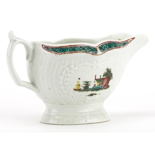 74 - 18th century Worcester strap and fluted sauceboat, circa 1758, hand painted in the chinoiserie manne... 