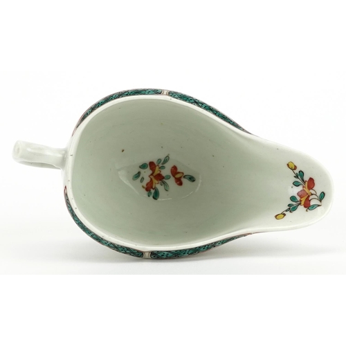 74 - 18th century Worcester strap and fluted sauceboat, circa 1758, hand painted in the chinoiserie manne... 