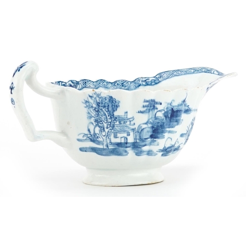 75 - 18th century Bow porcelain blue and white sauceboat, circa 1758, hand painted in the chinoiserie man... 