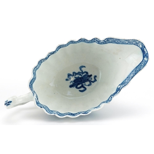 75 - 18th century Bow porcelain blue and white sauceboat, circa 1758, hand painted in the chinoiserie man... 