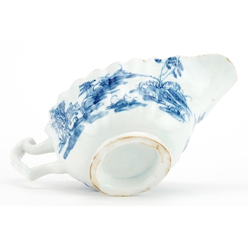 75 - 18th century Bow porcelain blue and white sauceboat, circa 1758, hand painted in the chinoiserie man... 