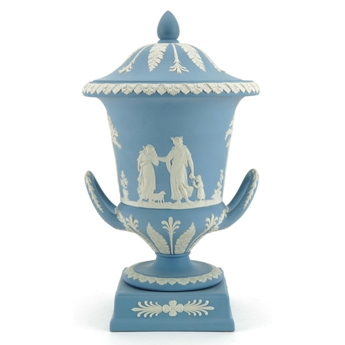 258 - Wedgwood Jasperware Campana urn vase and cover with twin handles on square plinth base decorated in ... 