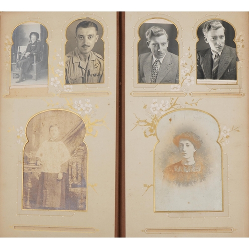 810 - Victorian and later postcards and cabinet cards arranged in an album including soldiers in military ... 