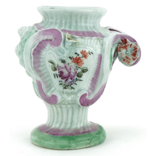 71 - 18th century Longton Hall floral encrusted porcelain vase hand painted with flowers, 12.5cm high