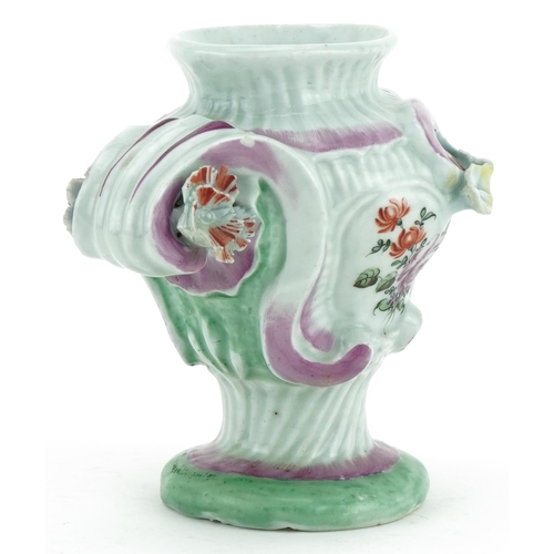 71 - 18th century Longton Hall floral encrusted porcelain vase hand painted with flowers, 12.5cm high