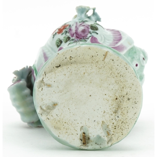 71 - 18th century Longton Hall floral encrusted porcelain vase hand painted with flowers, 12.5cm high