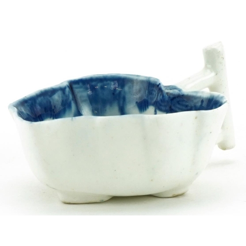 77 - 18th century Derby blue and white porcelain naturalistic butter boat, circa 1770, decorated in the c... 