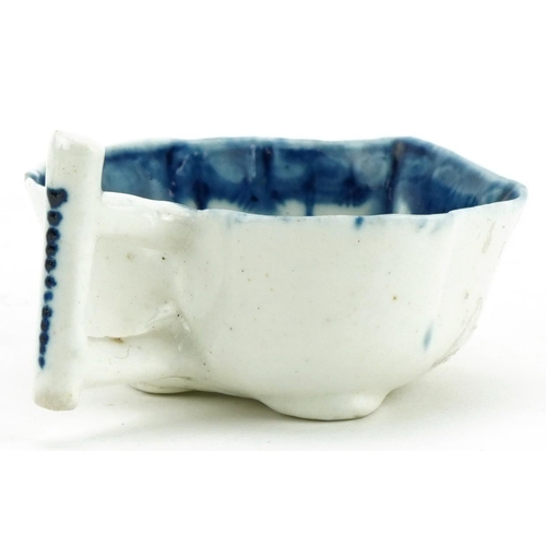 77 - 18th century Derby blue and white porcelain naturalistic butter boat, circa 1770, decorated in the c... 