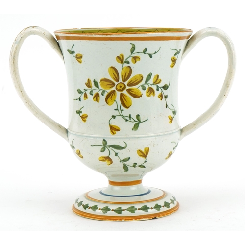 78 - Early 19th century pearlware twin handled loving cup hand painted with flowers, inscribed Joseph Eva... 