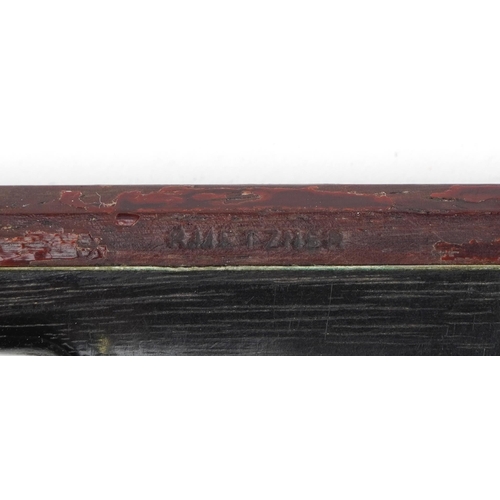 615 - Old wooden violin bow with mother of pearl frog and impressed R Metzner, 74cm in length