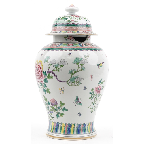 492 - Large Chinese porcelain baluster vase and cover hand painted in the famille rose palette with butter... 