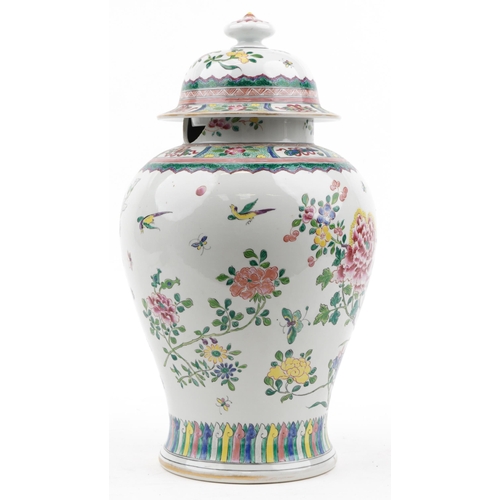 492 - Large Chinese porcelain baluster vase and cover hand painted in the famille rose palette with butter... 