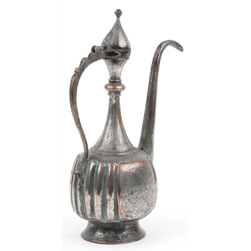 232 - Afghan coppered white metal pitcher engraved with flowers, 43.5cm high