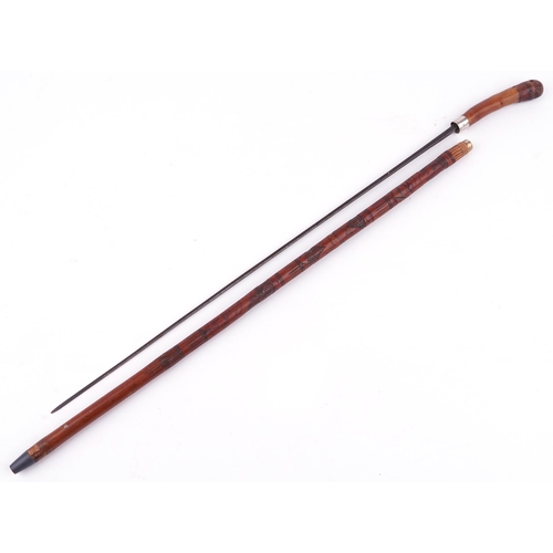 186 - Japanese bamboo walking swordstick with silver collar carved with Geishas, 88cm in length