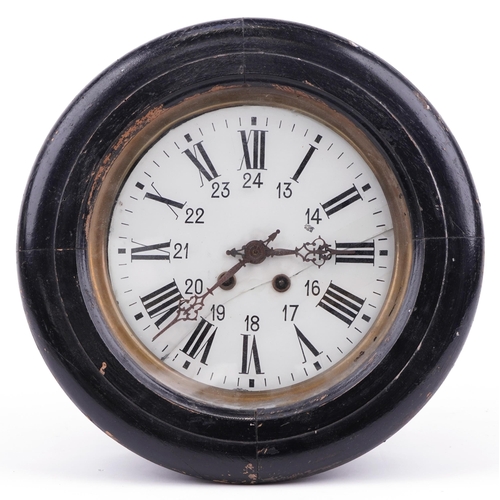 500 - Ebonised wall clock with circular dial having Roman and Arabic numerals, 38cm in diameter