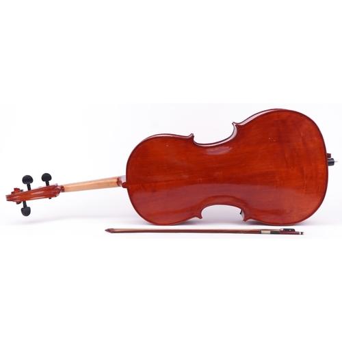 622 - Stentor Student full sized cello, paper label to the interior, the back 30.5 inches in length