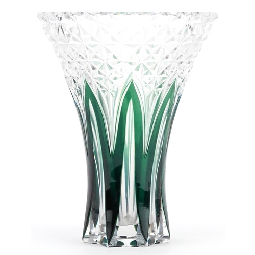 412 - Val Saint Lambert, Bohemian green flashed cut glass vase, etched marks around the footrim, 27cm high