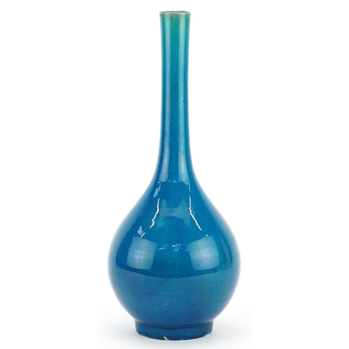 331 - Chinese porcelain long neck bottle vase having a blue glaze, 31cm high