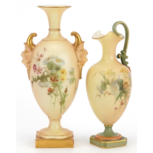 161 - Victorian Royal Worcester blush ivory comprising vase with mask handles and a ewer decorated with th... 