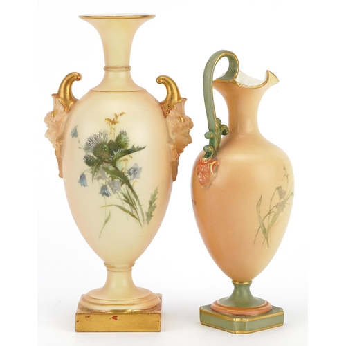 161 - Victorian Royal Worcester blush ivory comprising vase with mask handles and a ewer decorated with th... 