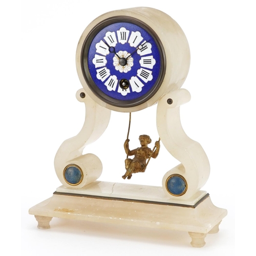 6 - 19th century French Girl in a Swing onyx mantle clock with blue enamelled dial and Roman numerals, i... 