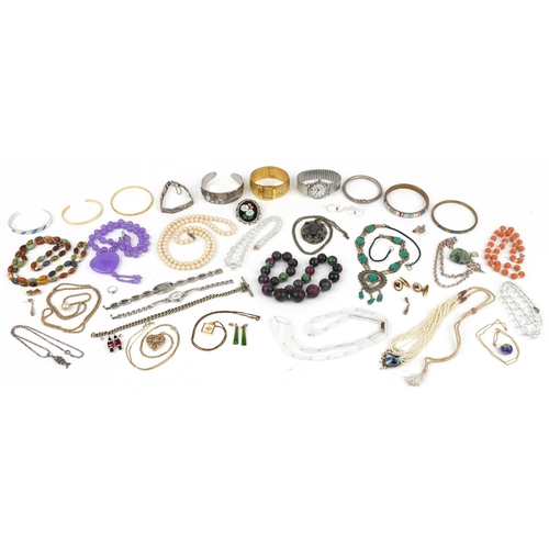 3813 - Vintage and later costume jewellery, some silver, including polished stone necklaces, marcasite brac... 