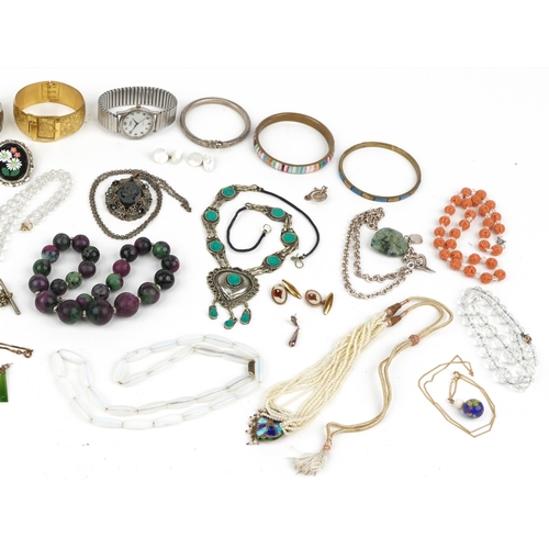 3813 - Vintage and later costume jewellery, some silver, including polished stone necklaces, marcasite brac... 