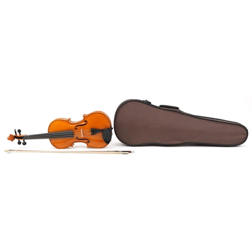 610 - Andreas Zeller for Stentor Music Co, wooden violin with bow and fitted case, the violin back 15.5 in... 