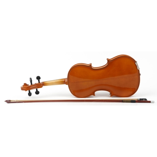 610 - Andreas Zeller for Stentor Music Co, wooden violin with bow and fitted case, the violin back 15.5 in... 