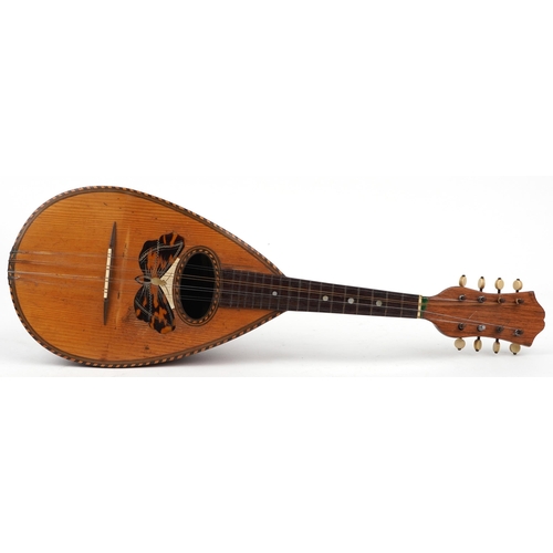 609 - Vintage inlaid melon shaped mandolin with case, Alfredo Albertini paper label to the interior, 63cm ... 