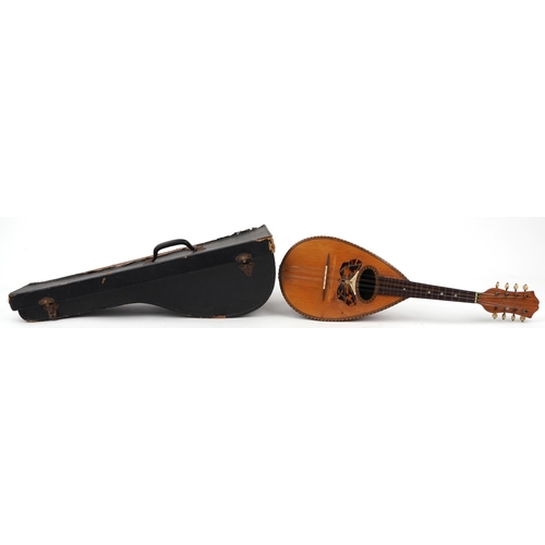 609 - Vintage inlaid melon shaped mandolin with case, Alfredo Albertini paper label to the interior, 63cm ... 