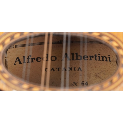 609 - Vintage inlaid melon shaped mandolin with case, Alfredo Albertini paper label to the interior, 63cm ... 