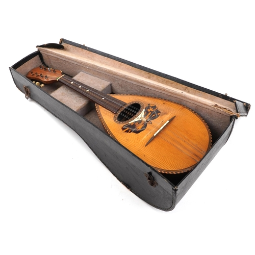 609 - Vintage inlaid melon shaped mandolin with case, Alfredo Albertini paper label to the interior, 63cm ... 