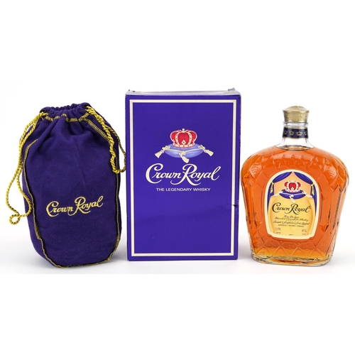 664 - One litre bottle of Crown Royal Canadian whisky with cloth pouch and box