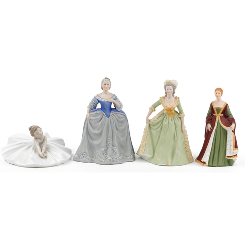 653 - Three Franklin porcelain figurines and a Nao porcelain ballerina, the largest 21cm high