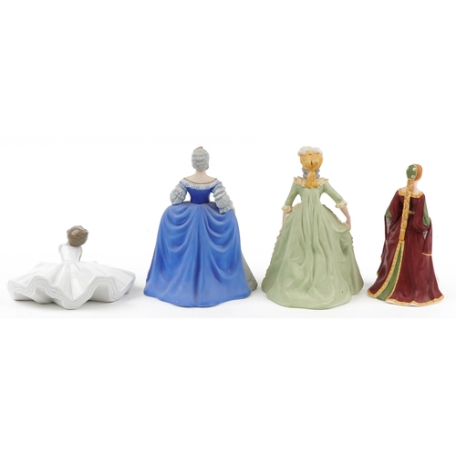 653 - Three Franklin porcelain figurines and a Nao porcelain ballerina, the largest 21cm high