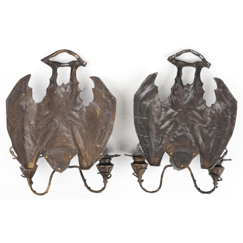 310 - Pair of Art Nouveau style patinated bronze bat design wall sconces, 34cm high