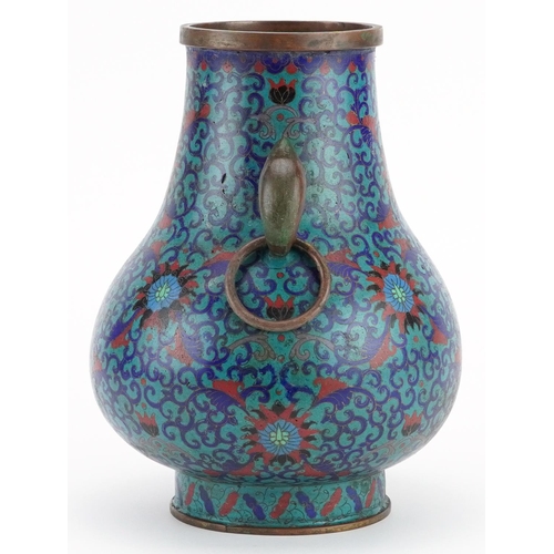 208 - Chinese cloisonne vase with ring turned handles enamelled with flower heads amongst scrolling foliag... 