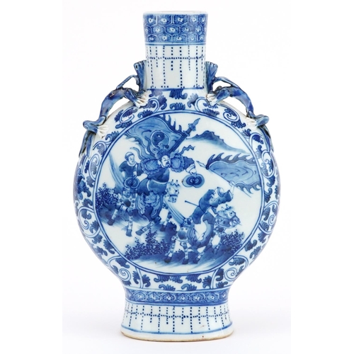 118 - Chinese blue and white porcelain moon flask with twin handles hand painted with warriors on horsebac... 