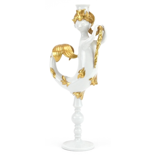 625 - Bjorn Wiinblad for Rosenthal, German partially gilt porcelain figural candlestick, 34cm high