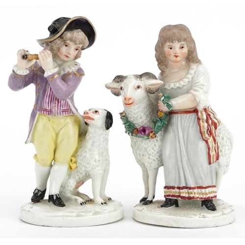 64 - Pair of 19th century German porcelain figures of a young boy and girl with goat and dog, factory mar... 