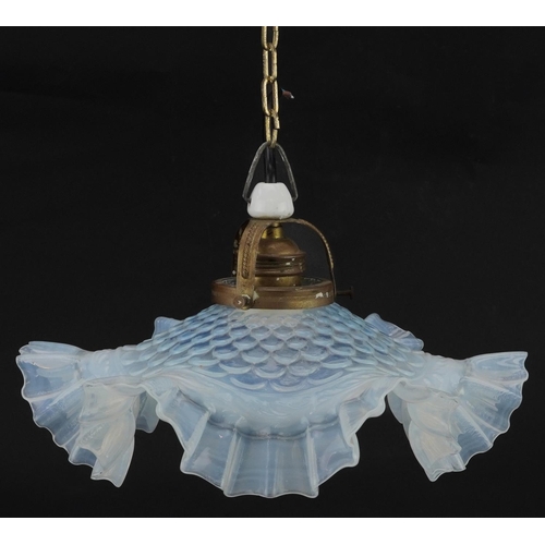 397 - Art Nouveau Vaseline frilled glass shade with brass mounts, 28cm in diameter