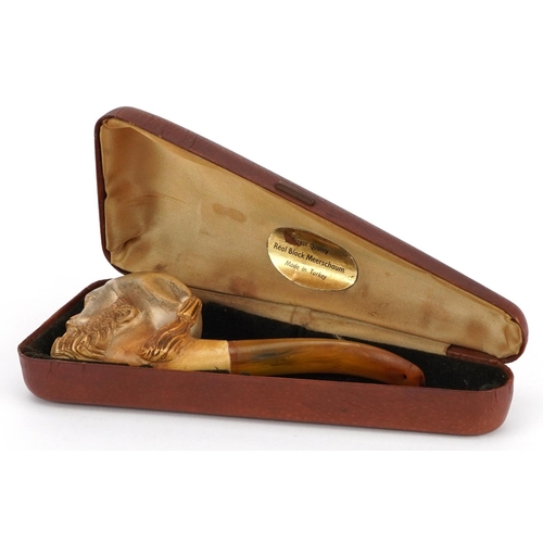 351 - Victorian Meerschaum pipe of a Turkish gentleman with amber coloured mouthpiece and case, 14cm in le... 