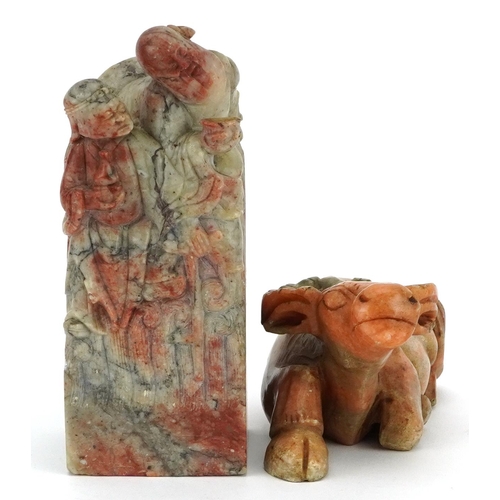 18 - Chinese soapstone carvings including a large square seal carved with two elders, the largest 15cm hi... 